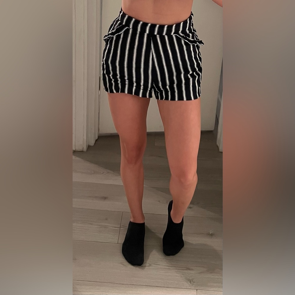 MNG Casual Navy Blue and White Strips Short